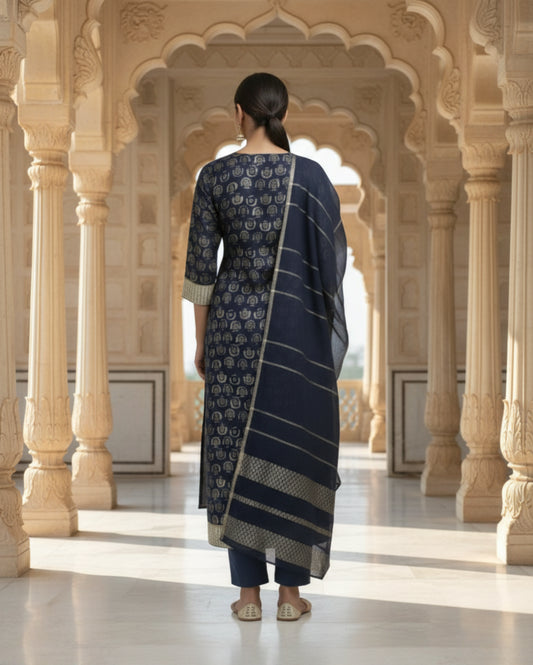 Navy Blue Printed Cotton Kurta Set With Matching Dupatta