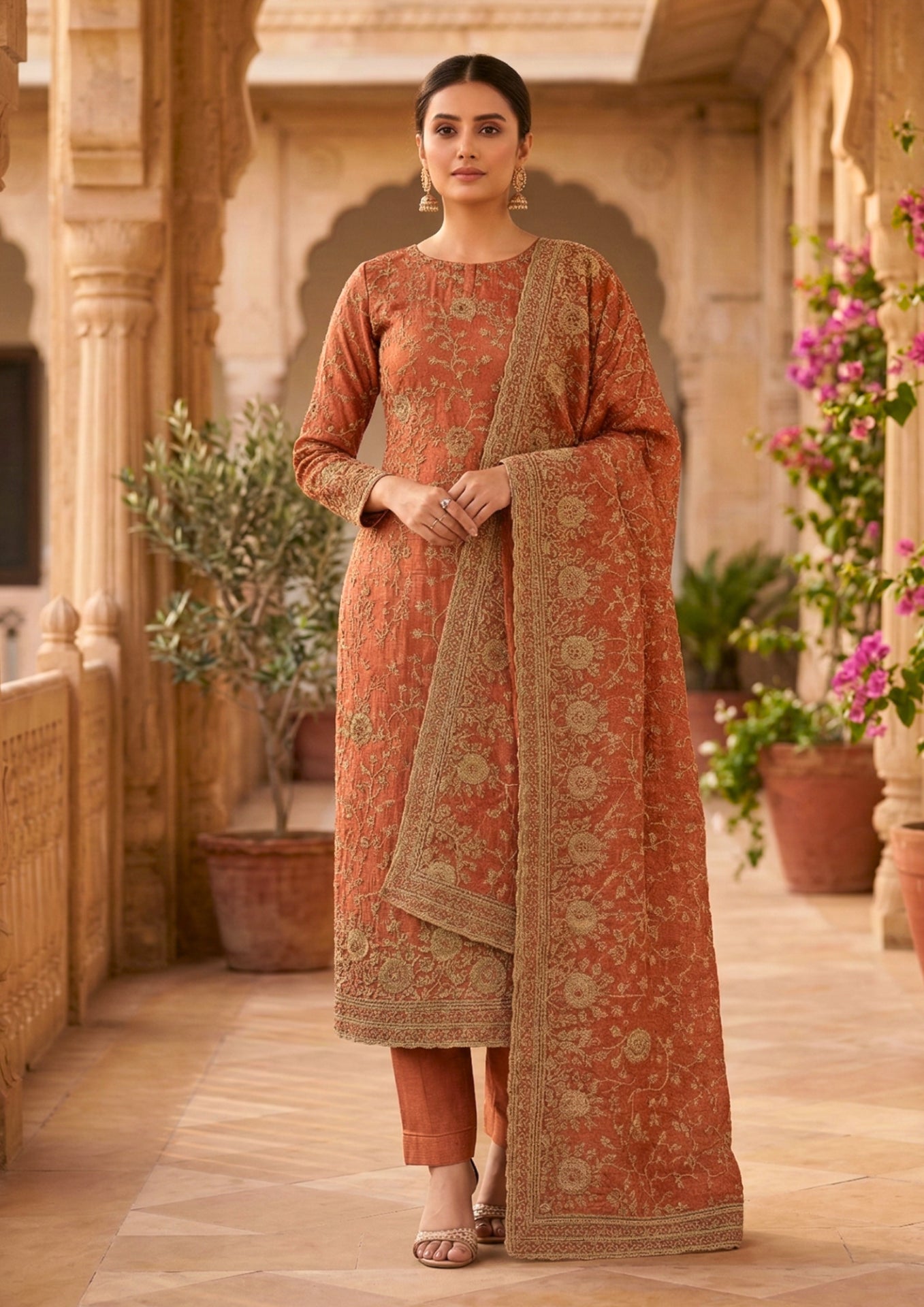 Unstitched Rose-Red Tissue Silk With Zari Work Suit Material