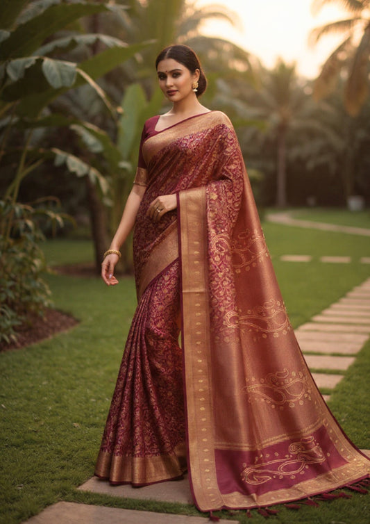 Rich Maroon Banarasi Silk Saree With Intricate Gold Zari Floral Work
