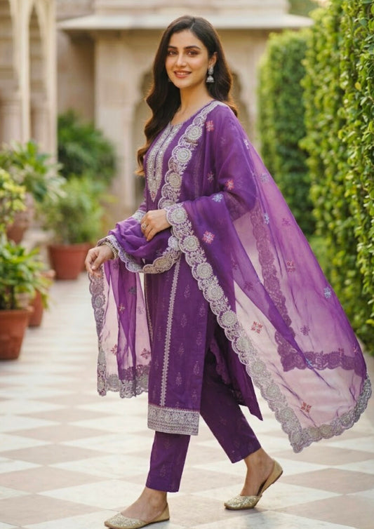 Plum-Purple Semi-Stitched With Multicolour Embroidery Lightweight Organza Suit Set With Dupatta