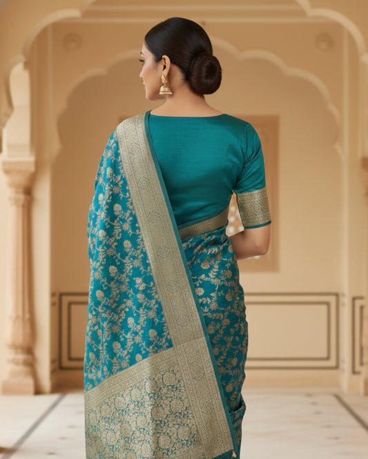 Teal Blue With Silver–Gold Zari And Paisley Border Banarasi Silk Saree