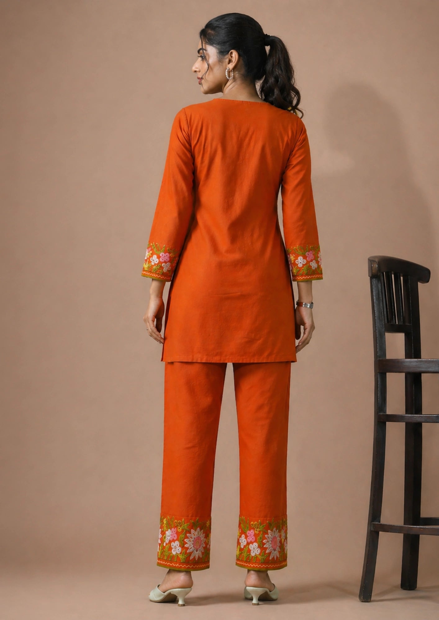 Rust Orange Embroidered Cotton short Kurta With Straight Pant