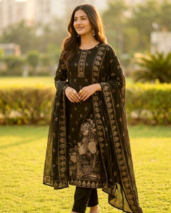 Black Floral Embroidered Rayon Kurta Set With Dupatta