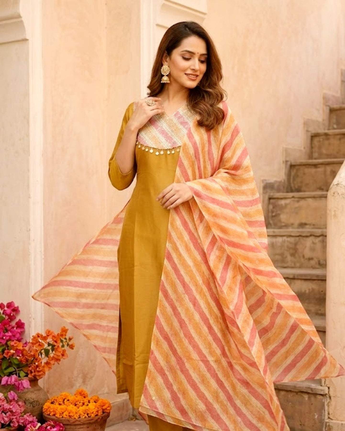 Golden Chinon Brocade Base Festive Kurta Set With Dupatta