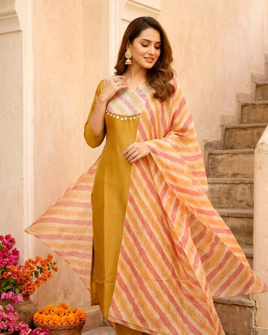 Golden Chinon Brocade Base Festive Kurta Set With Dupatta
