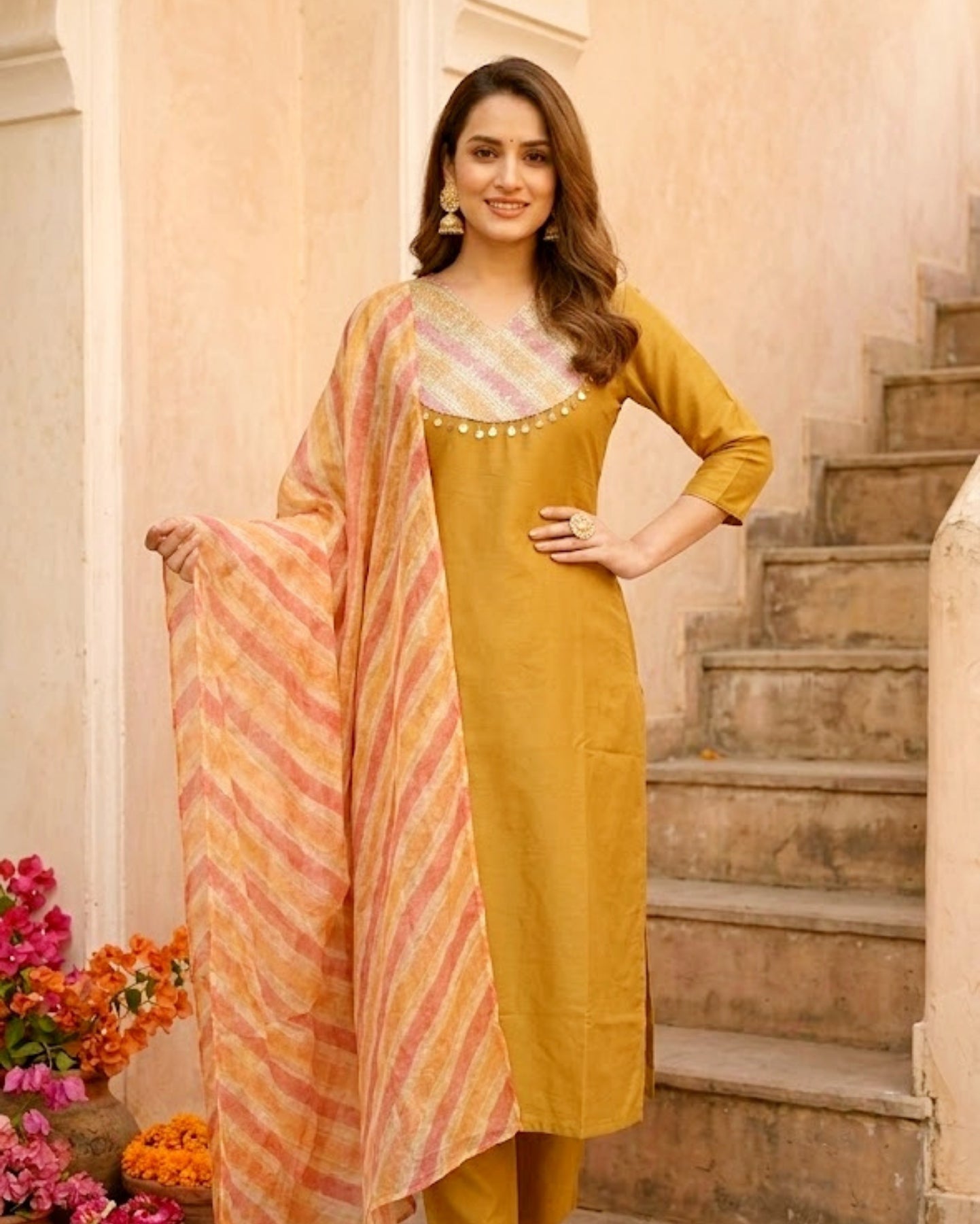 Golden Chinon Brocade Base Festive Kurta Set With Dupatta
