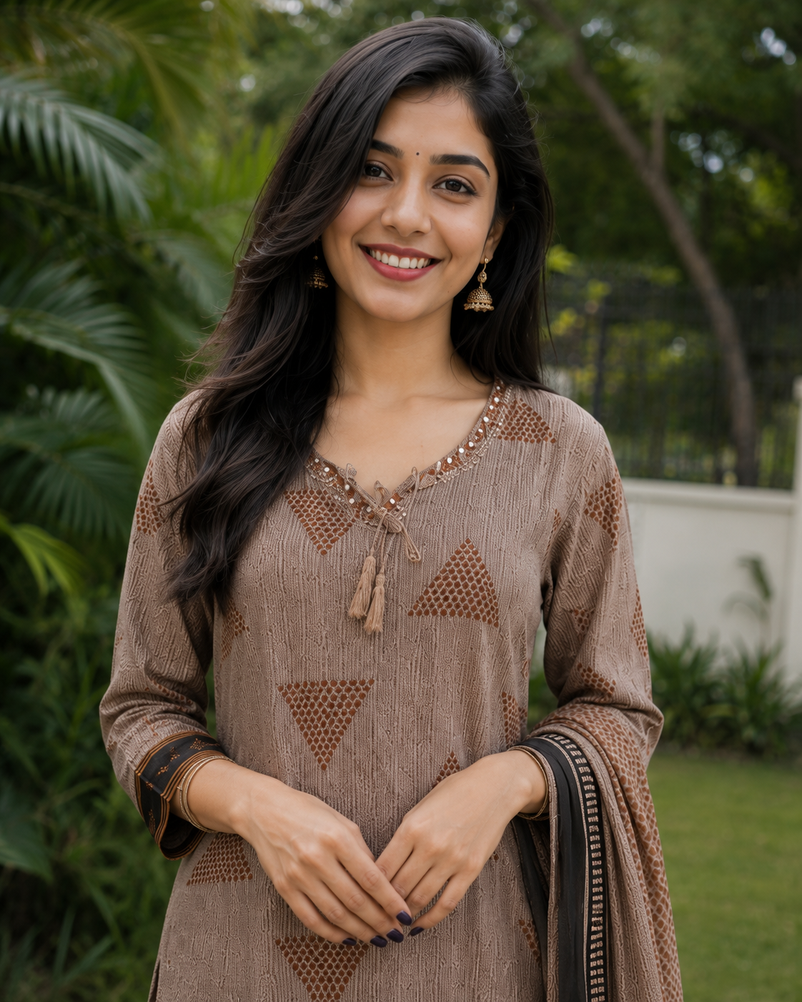 Taupe and Black Printed Cotton Blend Kurta and Pant with Dupatta