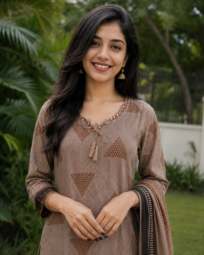 Taupe and Black Printed Cotton Blend Kurta and Pant with Dupatta