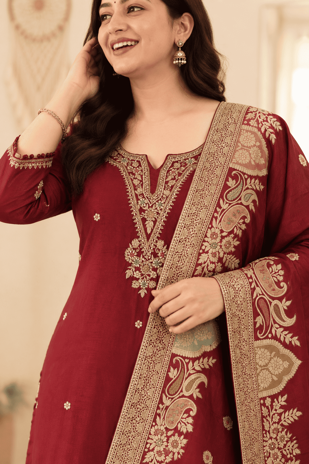 Maroon Embroidered Dola Silk Kurta and Pant with dupatta