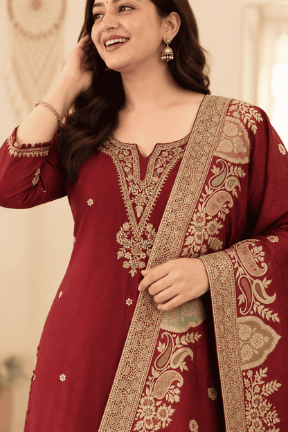Maroon Embroidered Dola Silk Kurta and Pant with dupatta