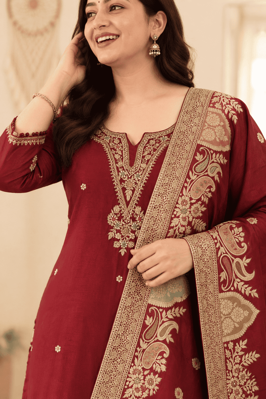 Maroon Embroidered Dola Silk Kurta and Pant with dupatta