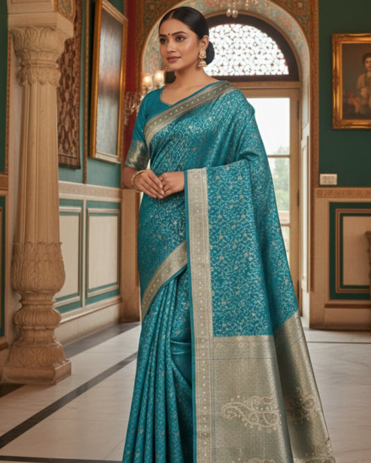 Sea-Green With Detailed Gold Zari Work Banarasi Silk Saree
