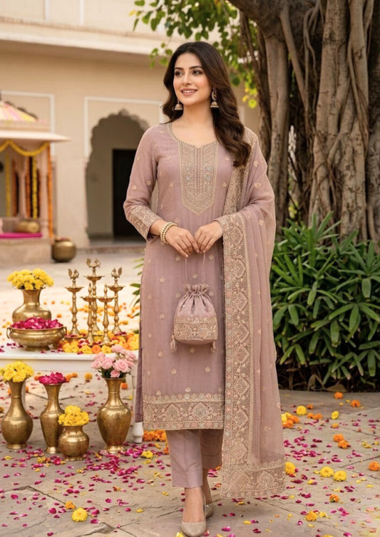 Blush Pink Semi-Stitched Soft Organza Suit Set With Dupatta