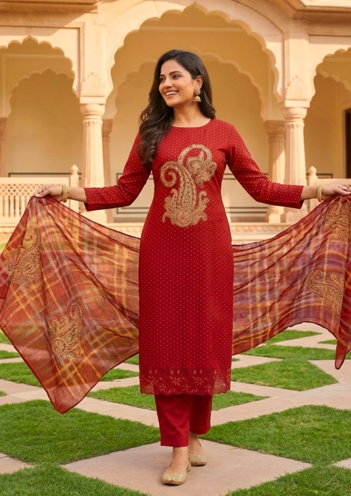 Unstitched Rich Maroon Art Silk Suit With Multicoloured Paisley Applique And Mirror Handwork Detailing