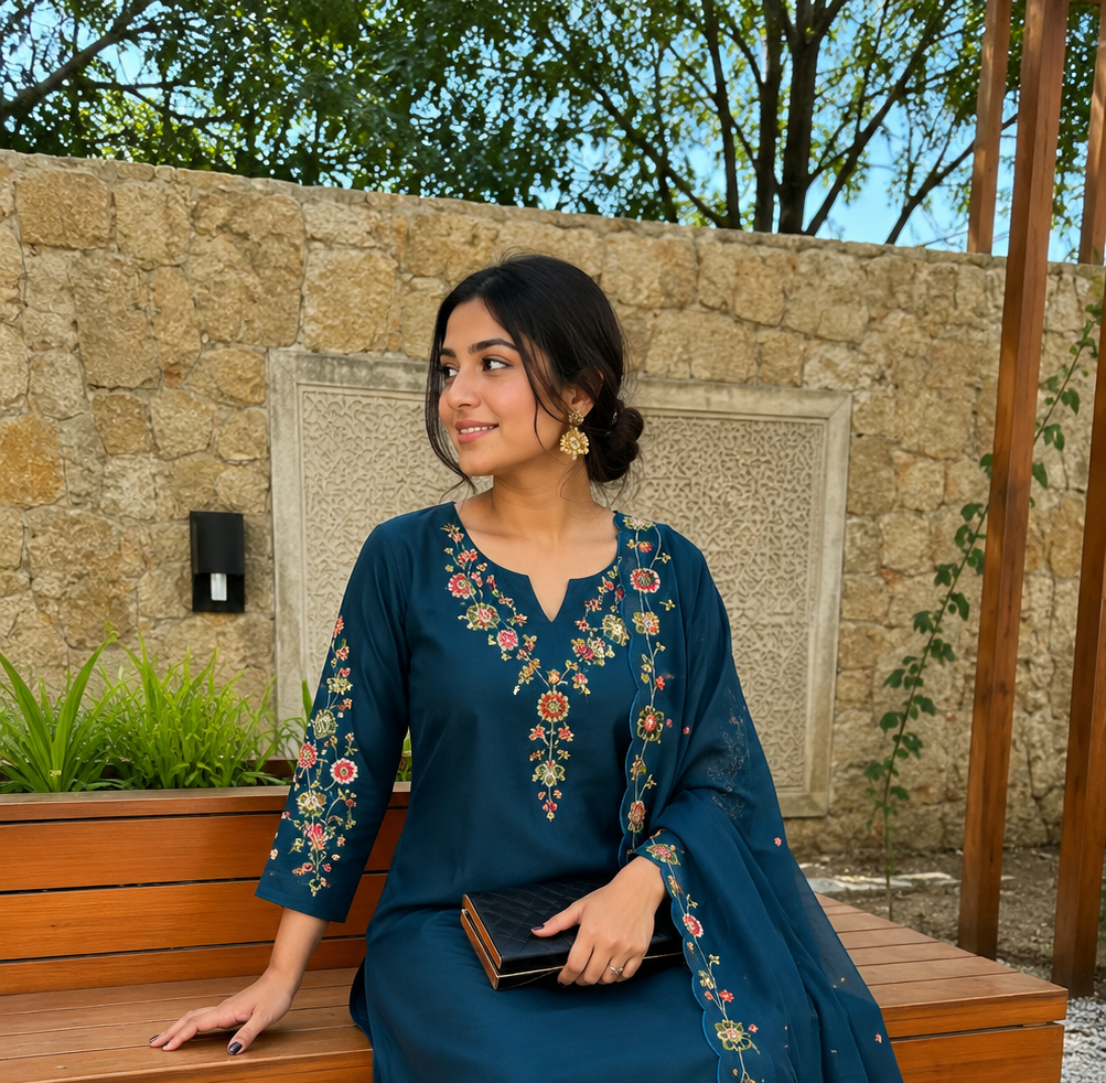 Teal Blue Silk Blend Embroidered Kurta and Pant with Dupatta