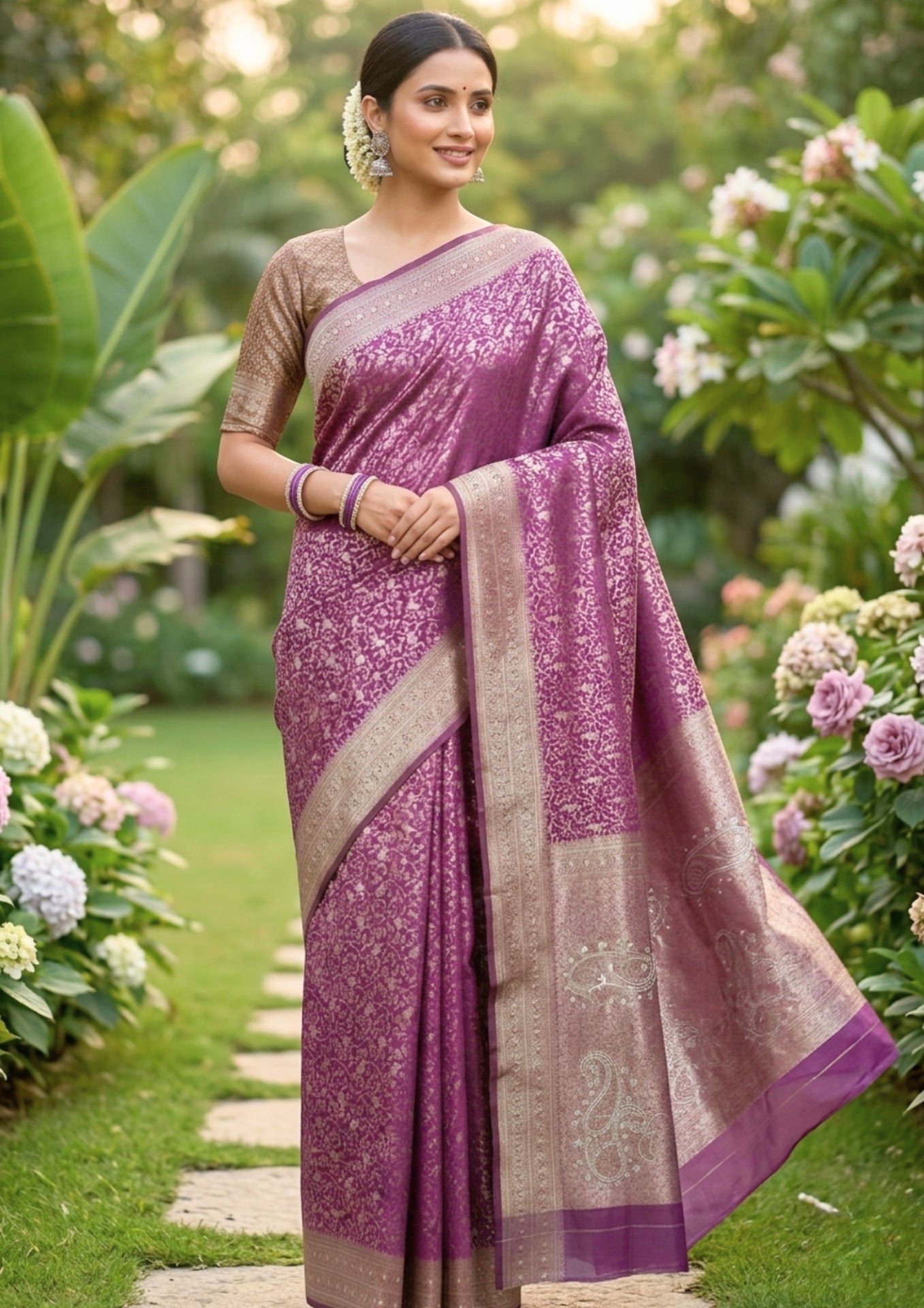 Mauve-rose Banarasi Silk Saree Woven With Rich Gold Zari Florals And Paisleys
