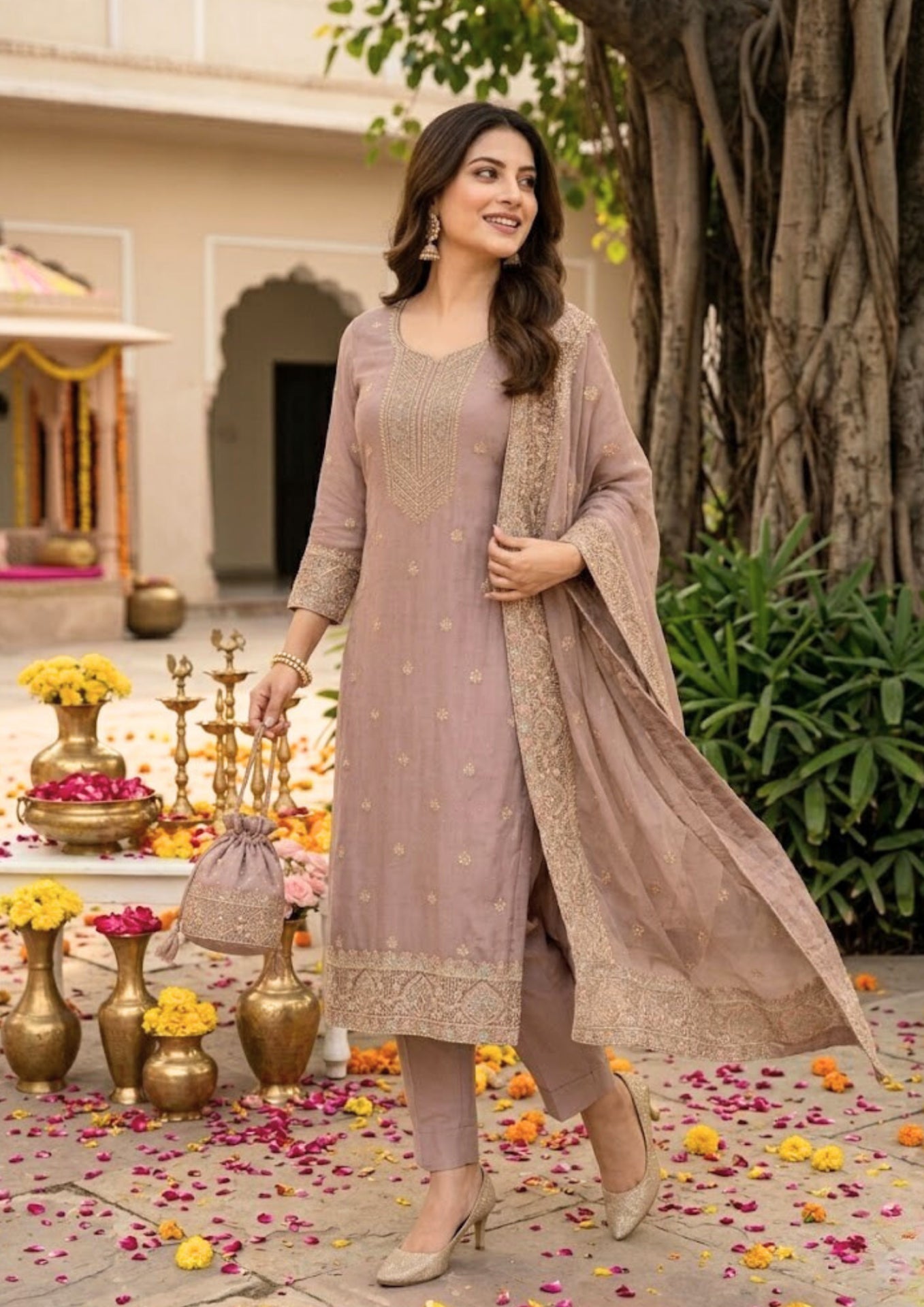 Blush Pink Semi-Stitched Soft Organza Suit Set With Dupatta