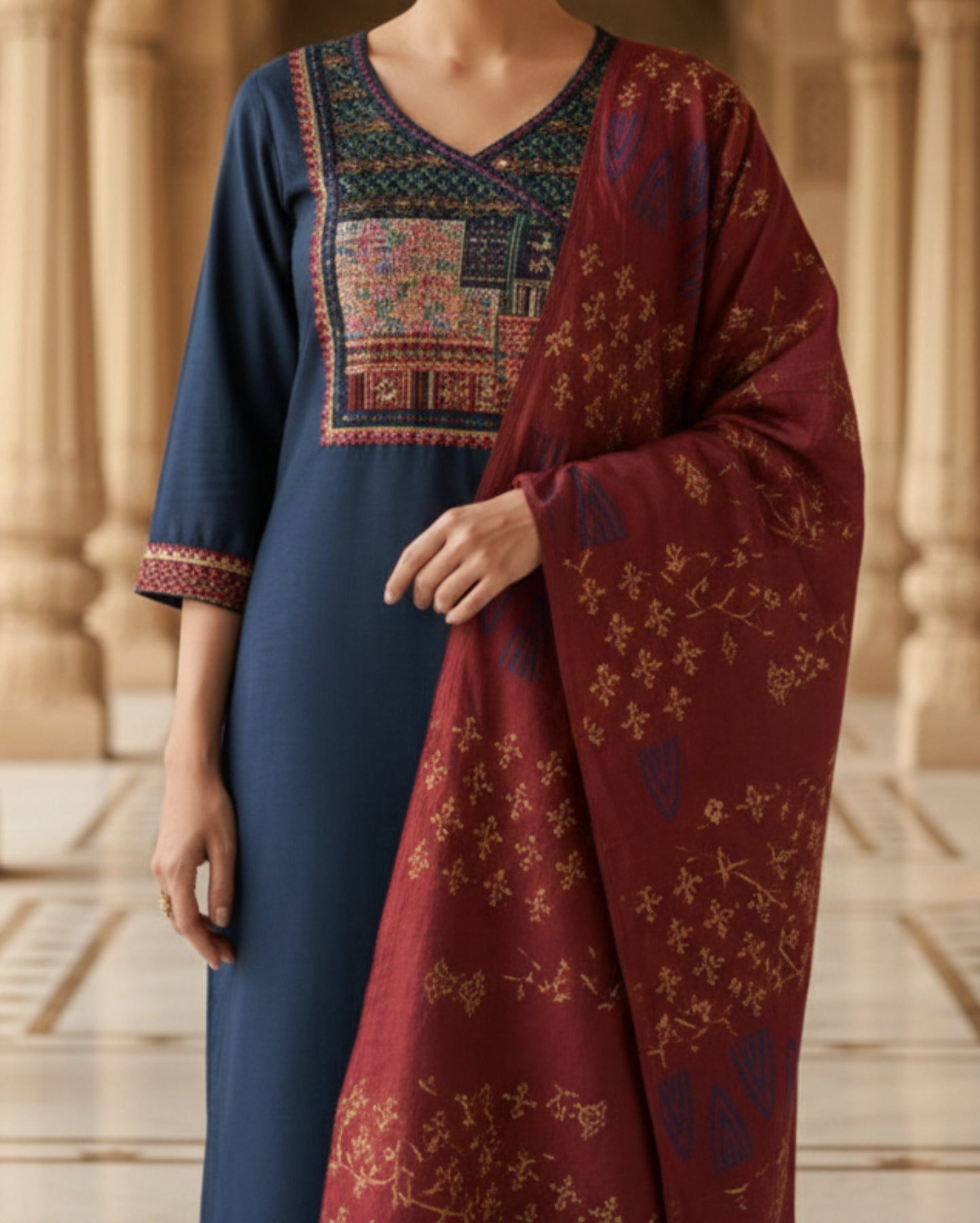 Navy Blue Cotton Katha Kurta With Applique Yoke And Trousers Paired With Bagru Print Dupatta