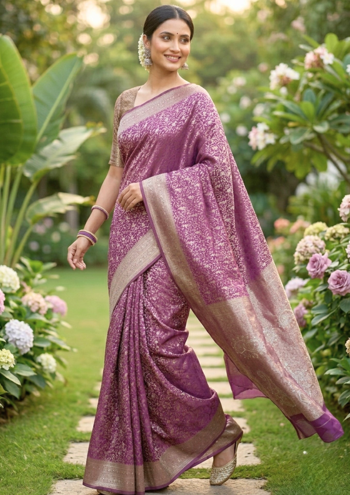 Mauve-rose Banarasi Silk Saree Woven With Rich Gold Zari Florals And Paisleys