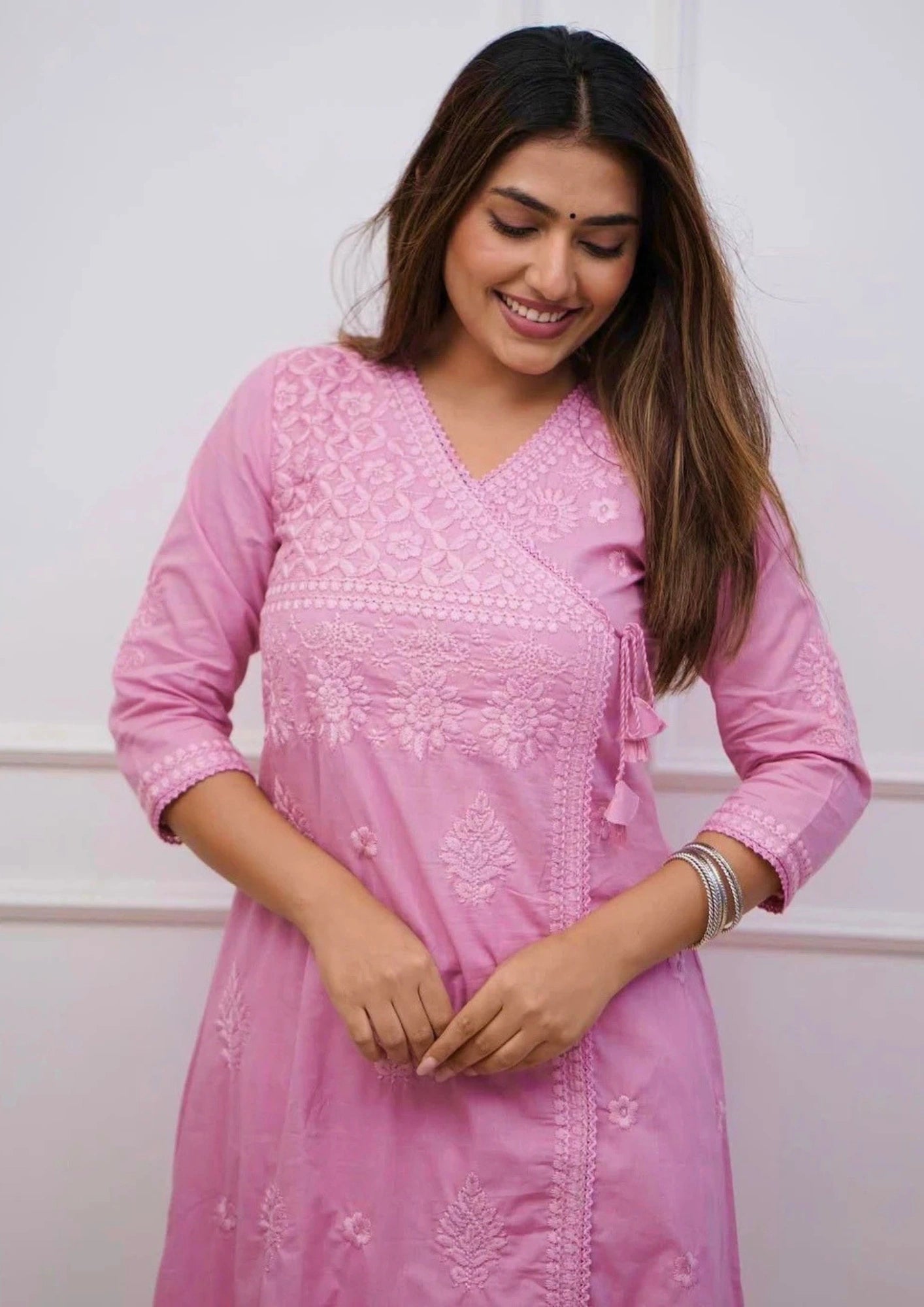 Pink Cotton blend angrakha style kurta with straight pant