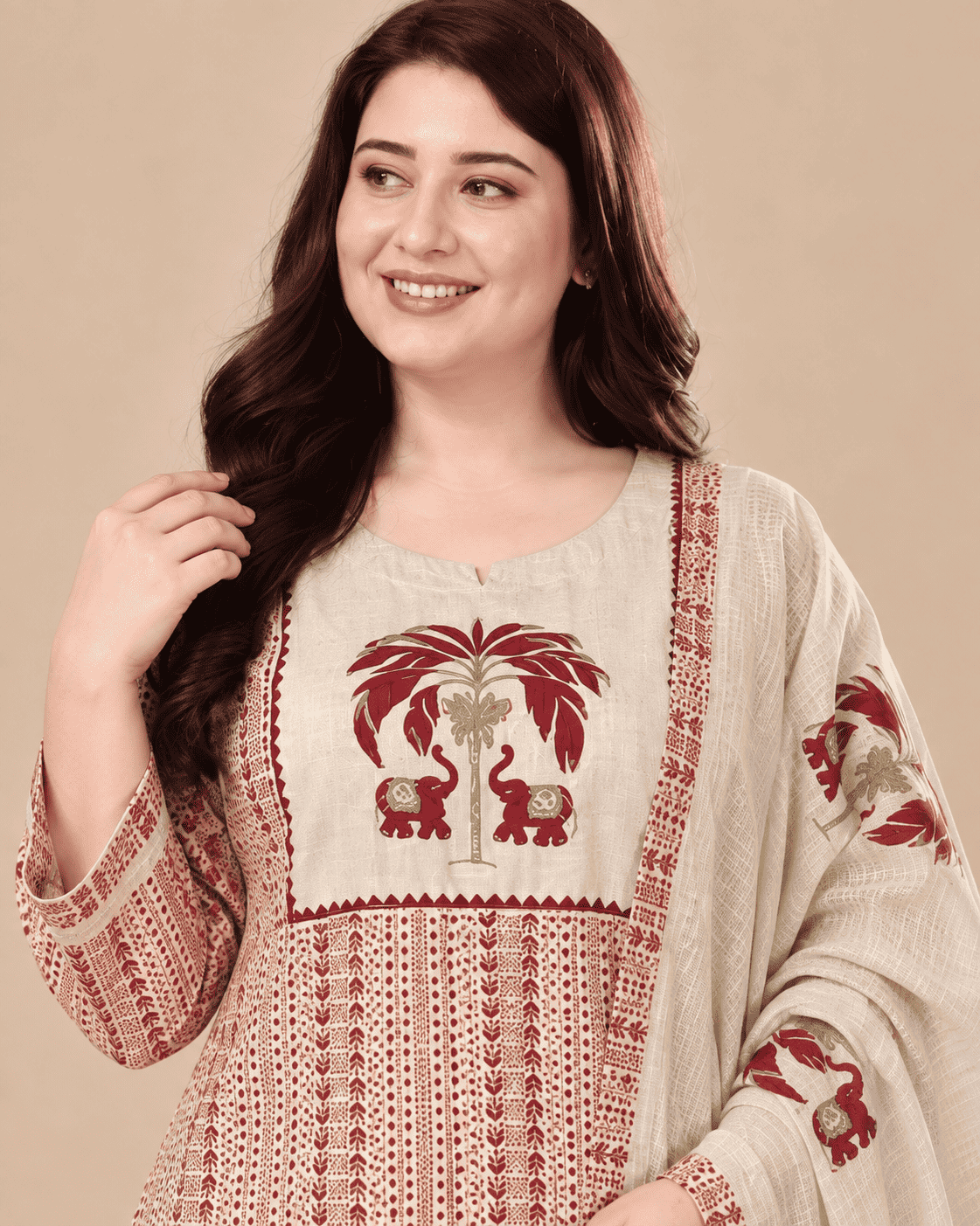 Off White in maroon tone printed cotton kurta and pant with dupatta