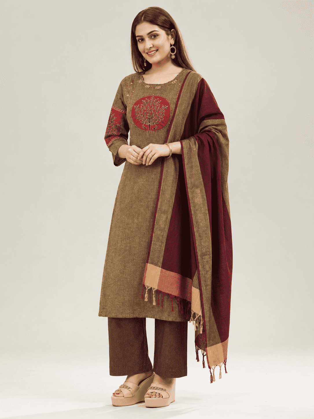 Brown and Maroon Embroidered kurta and pant with dupatta
