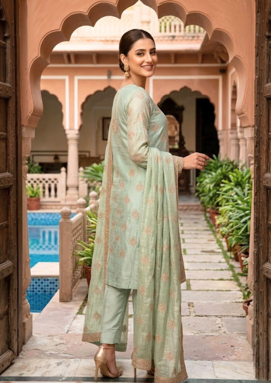 Aqua Blue Semi-Stitched Shimmering Crushed Organza-Silk Suit With Dupatta