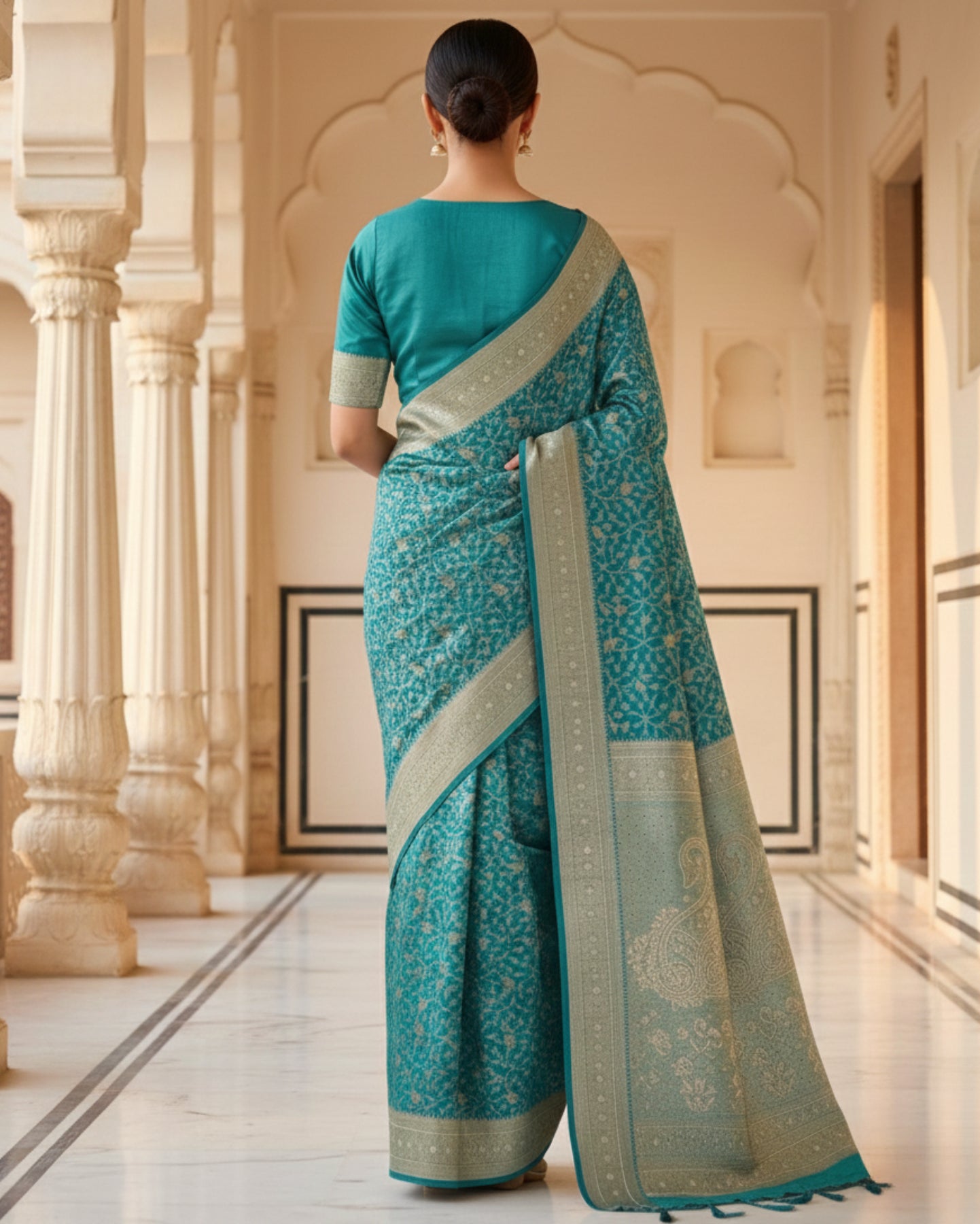 Sea-Green With Detailed Gold Zari Work Banarasi Silk Saree
