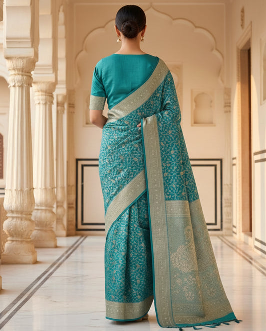 Sea-Green With Detailed Gold Zari Work Banarasi Silk Saree
