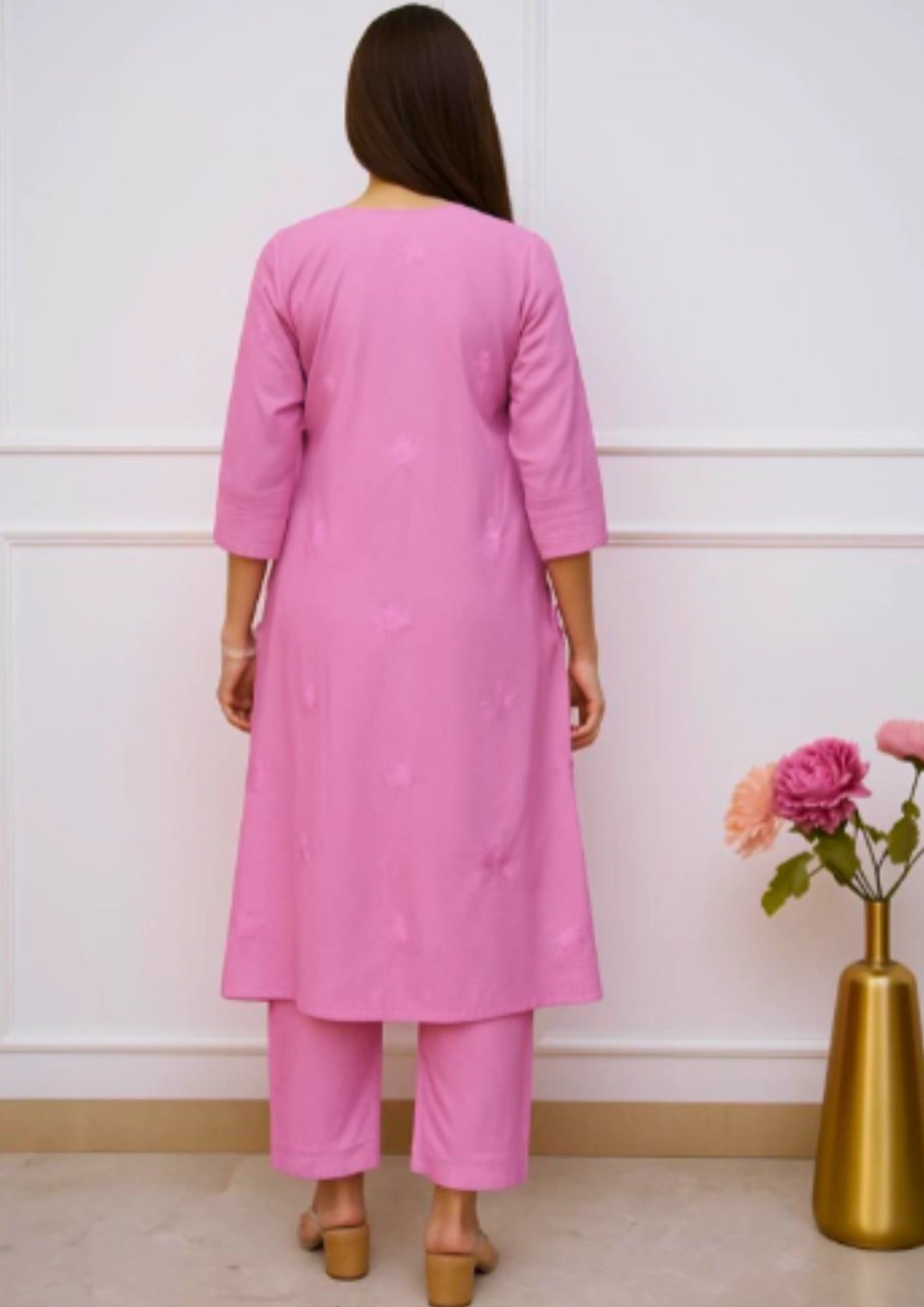 Pink Cotton blend angrakha style kurta with straight pant