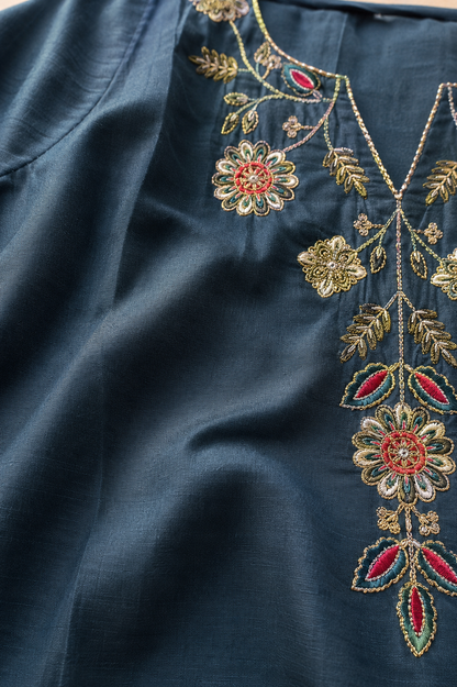 Teal Blue Silk Blend Embroidered Kurta and Pant with Dupatta