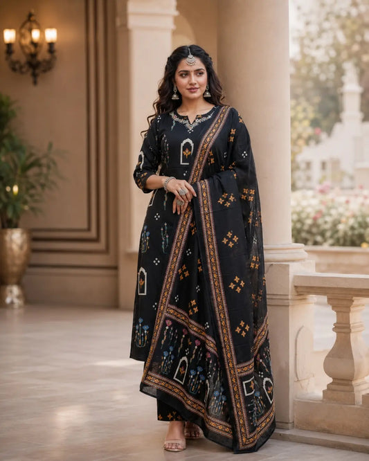 Black Printed Cotton Kurta Pant With Dupatta