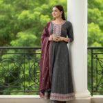 Georgette Embroidered Grey kurta set with maroon dupatta