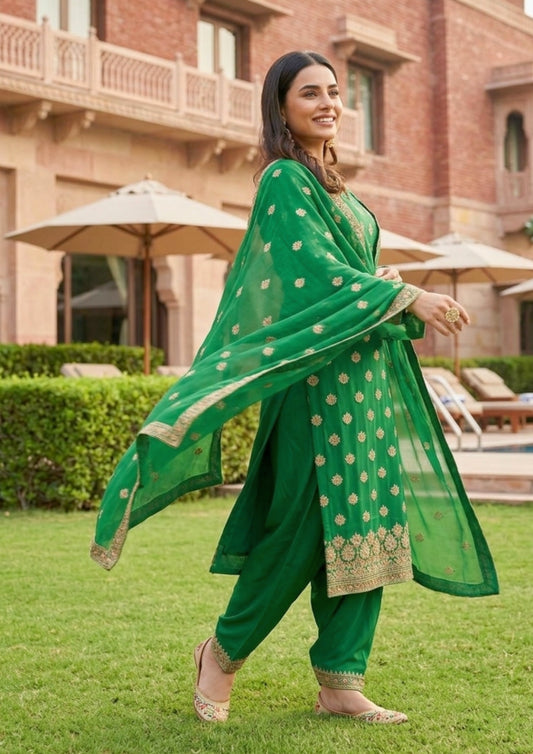 Unstitched Green Shimmer Silk-Blend Embroidered Suit Material