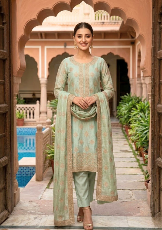 Semi-Stitched Soft Sea-Green Tissue Silk Wth A Glossy, Crinkled Texture Suit Material