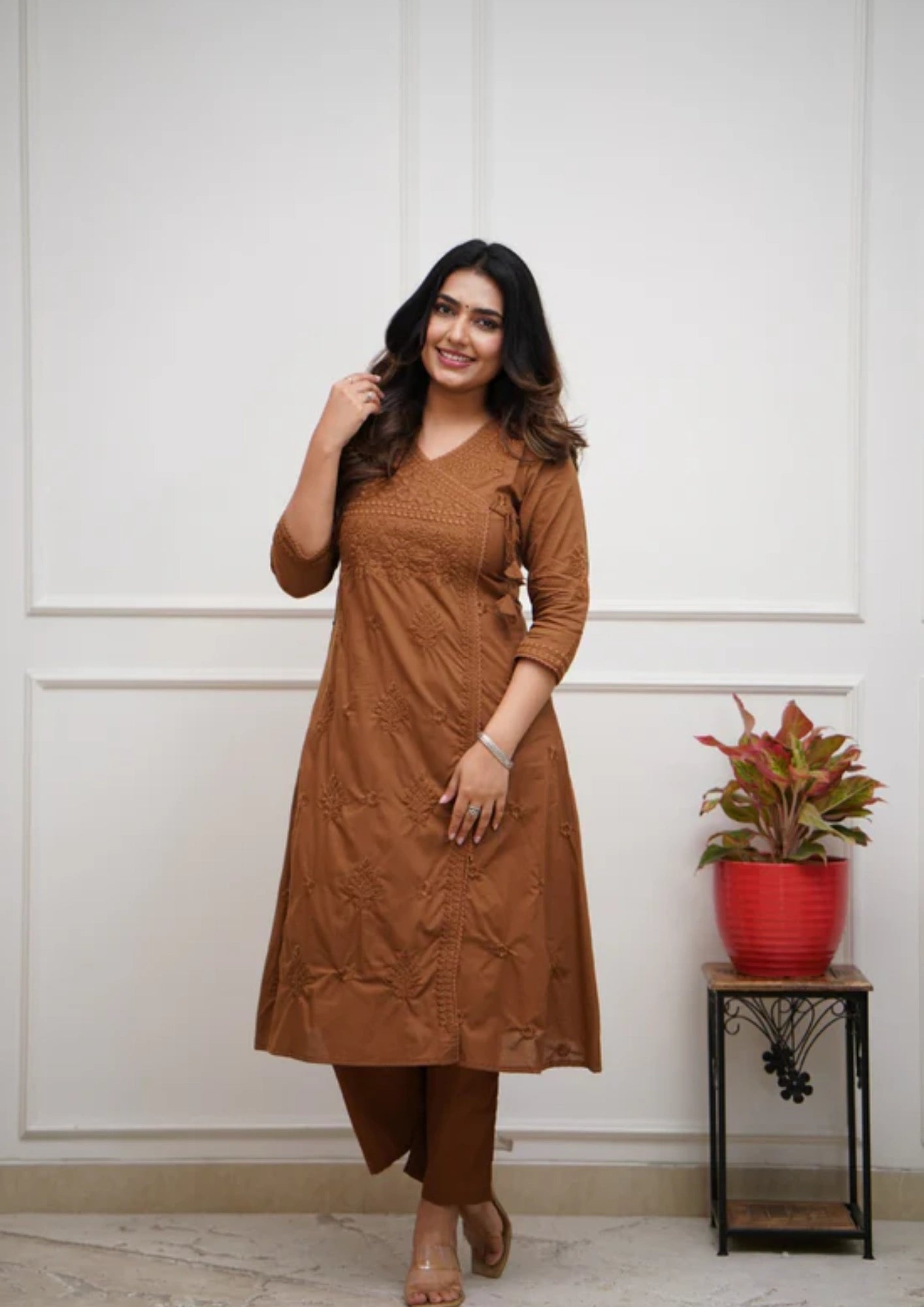 Brown Cotton blend angrakha style kurta with straight pant