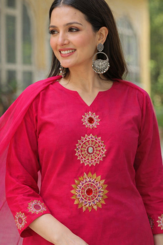 Rani Pink Cotton Embroidered Kurta Set With Dupatta