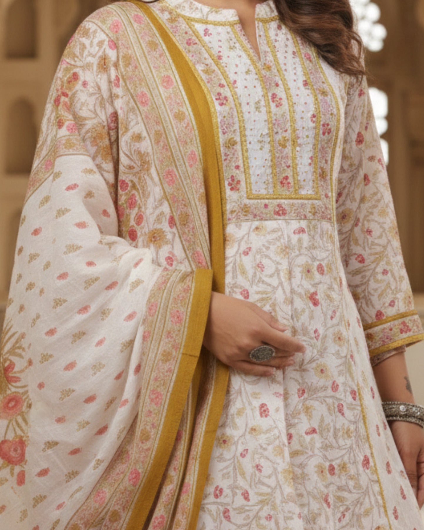 White Cotton Floral Suit Set With Yellow And Pink Accents Paired With Dupatta