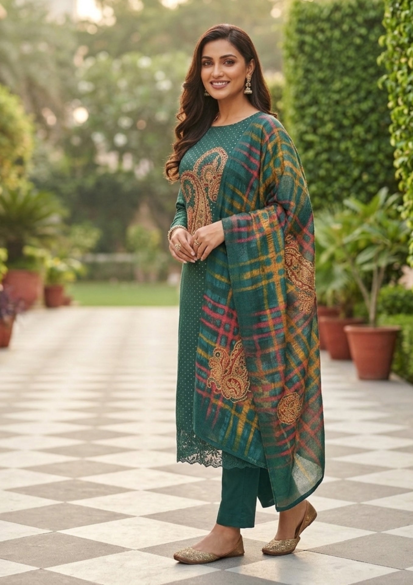 Unstitched Emerald-Teal Satin Suit Enhanced With Mirror Applique And Floral Threadwork