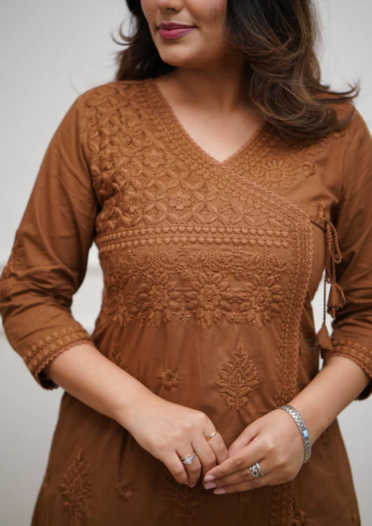 Brown Cotton blend angrakha style kurta with straight pant