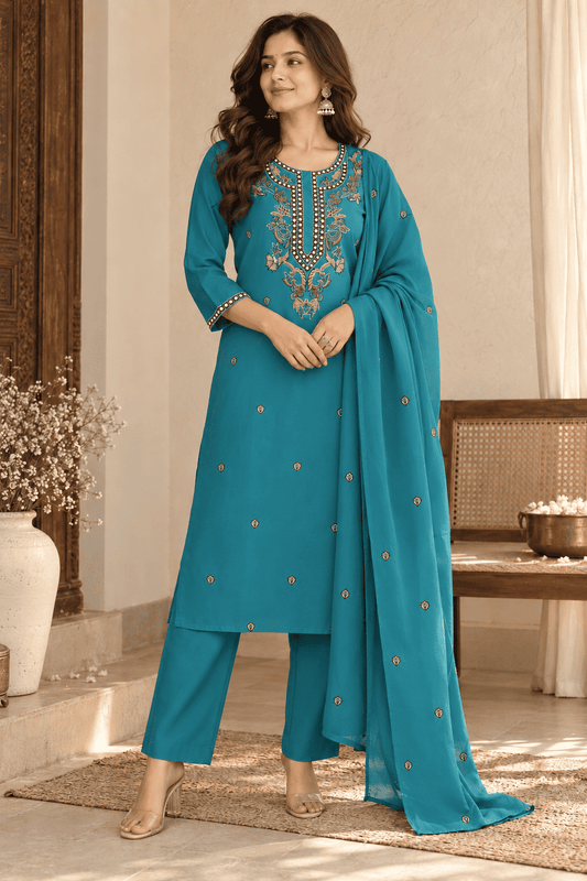 Teal Blue Embroidered Rayon Kurta Pant and Dupatta