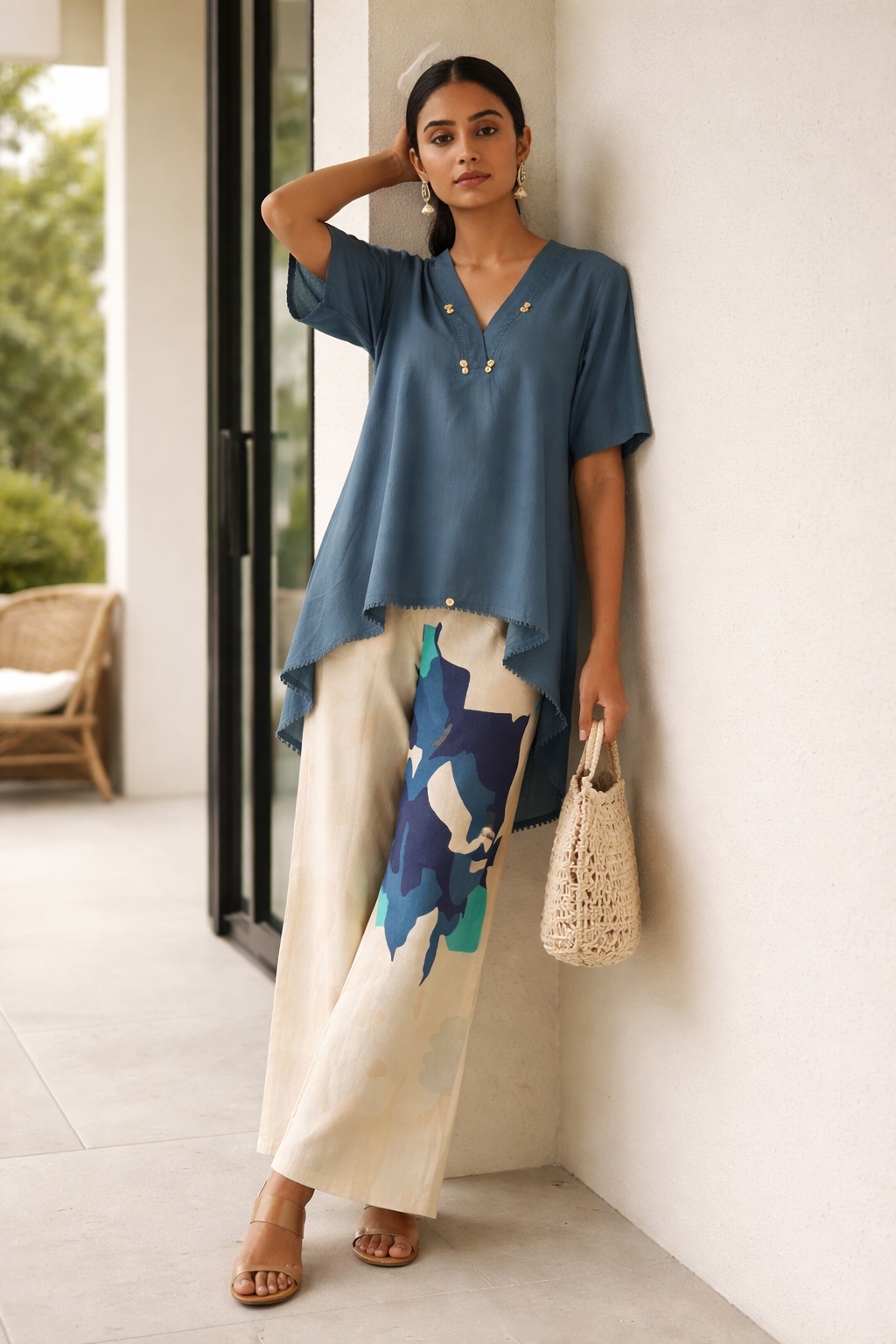 Blue Cotton Kurta with Printed Palazzo Set
