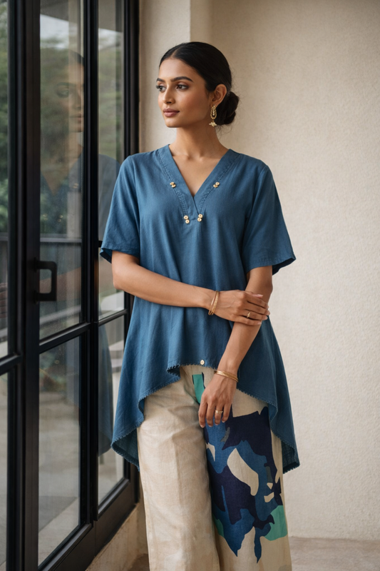 Blue Cotton Kurta with Printed Palazzo Set