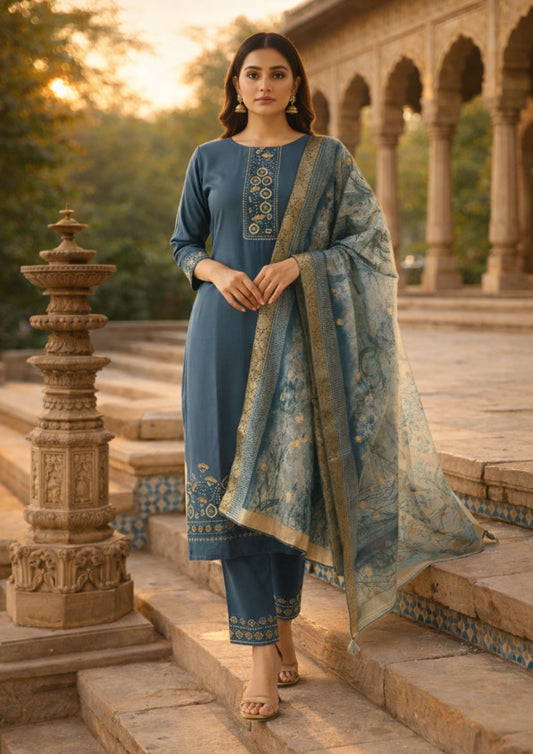 Dark Blue Cotton Blend Kurta Pant With Floral Printed Dupatta