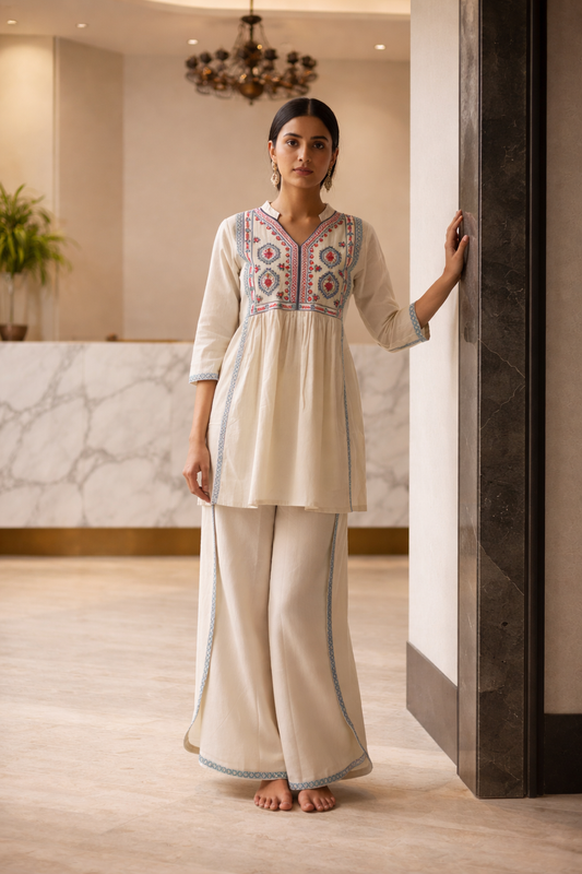 Off-White Cotton Embroidered Kurta with Wrap Around Palazzo Set