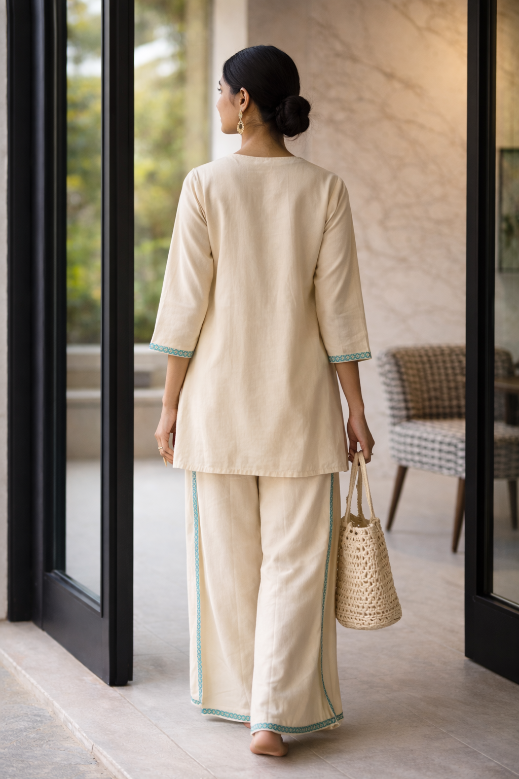 Off-White Cotton Embroidered Kurta with Wrap Around Palazzo Set