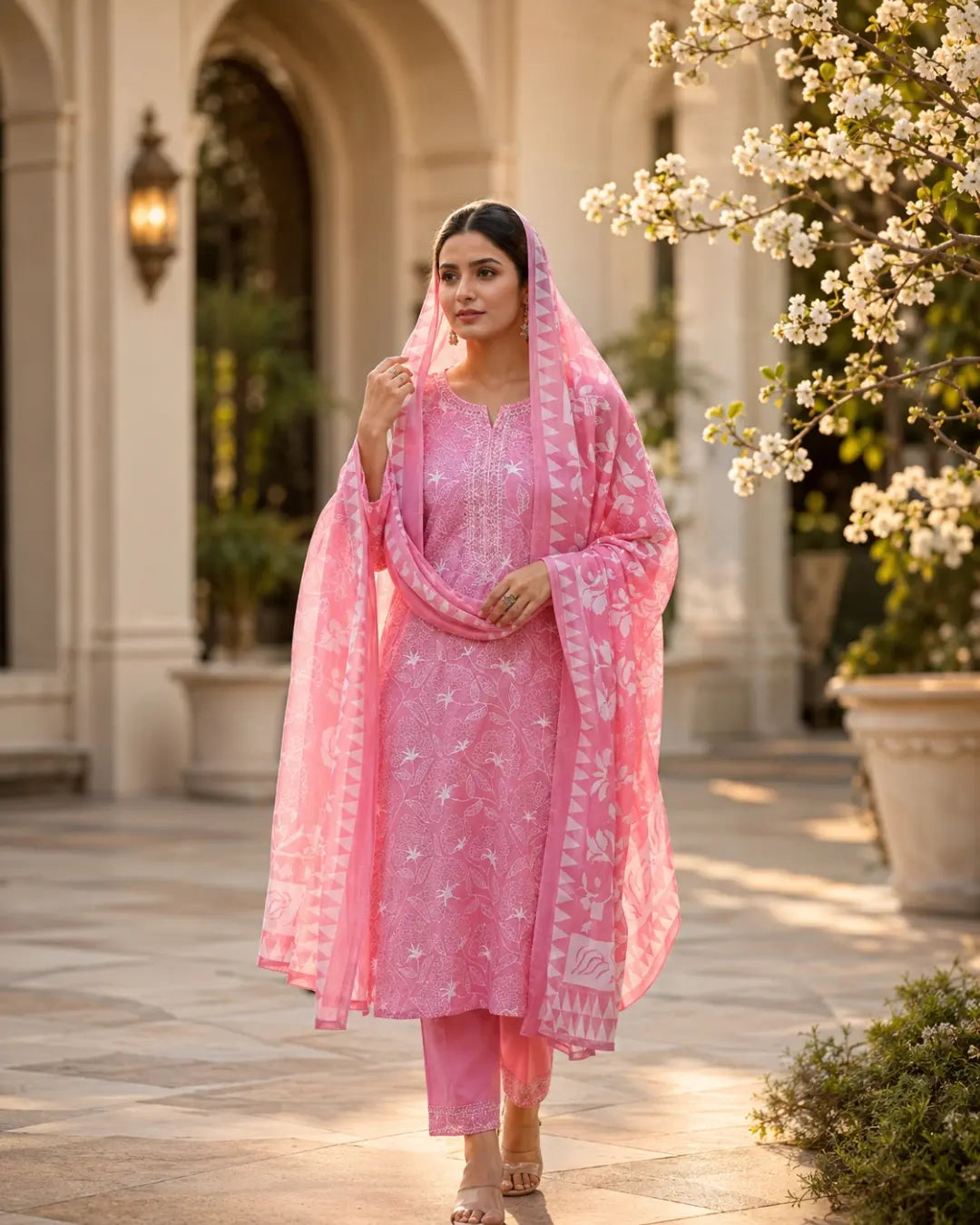 Pink Block Printed Cotton Kurta Pant With Dupatta