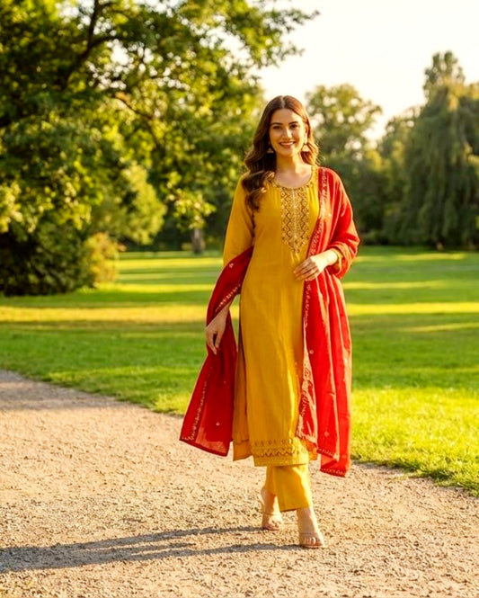 Mustard Cotton Mix Embroidered Kurta Set With Maroon Dupatta