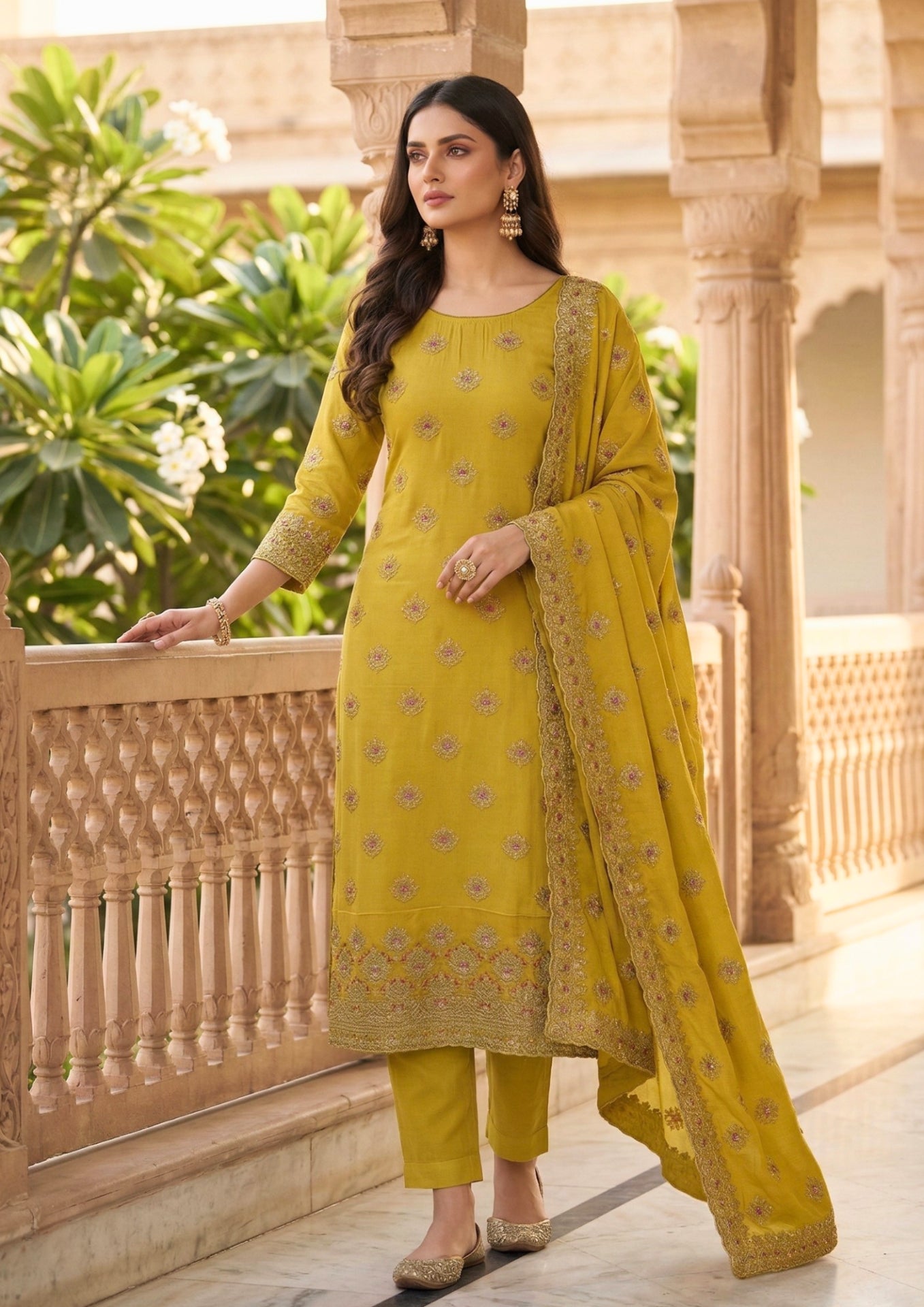 Unstitched Mustard Shimmer Silk-Blend Embroidered Suit Material