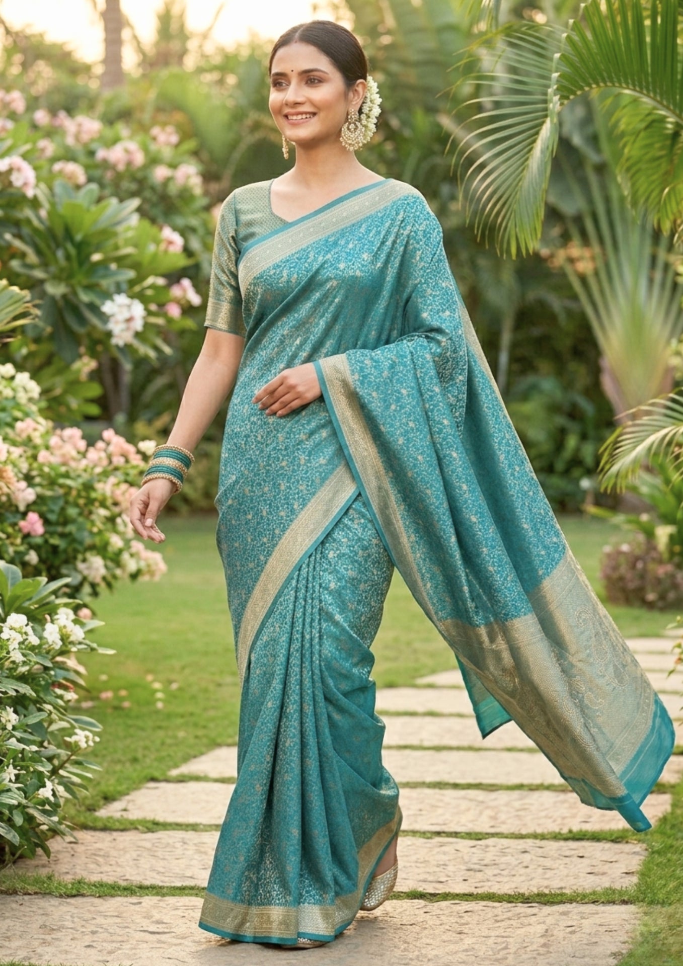 Turquoise Blue Banarasi Silk Saree With Silver-Gold Zari Floral Work